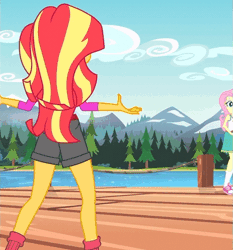 Size: 523x561 | Tagged: safe, derpibooru import, screencap, fluttershy, sunset shimmer, equestria girls, legend of everfree, animated, boots, camp everfree outfits, clothes, gif, lake, legs, mountain, pier, rear view, shoes, shorts, socks, tree, walking