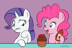 Size: 1000x667 | Tagged: 30 minute art challenge, artist:empyu, cupcake, derpibooru import, food, hot sauce, pinkie pie, rarity, rarity looking at food, safe, simple background, table