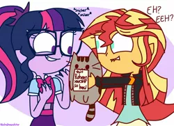 Size: 1378x999 | Tagged: safe, artist:psychodiamondstar, derpibooru import, sci-twi, sunset shimmer, twilight sparkle, cat, equestria girls, clothes, cute, dialogue, duo, female, glasses, grin, holding, lip bite, multicolored hair, onomatopoeia, ponytail, pun, pusheen, skirt, smiling, snickering, stifling laughter, text