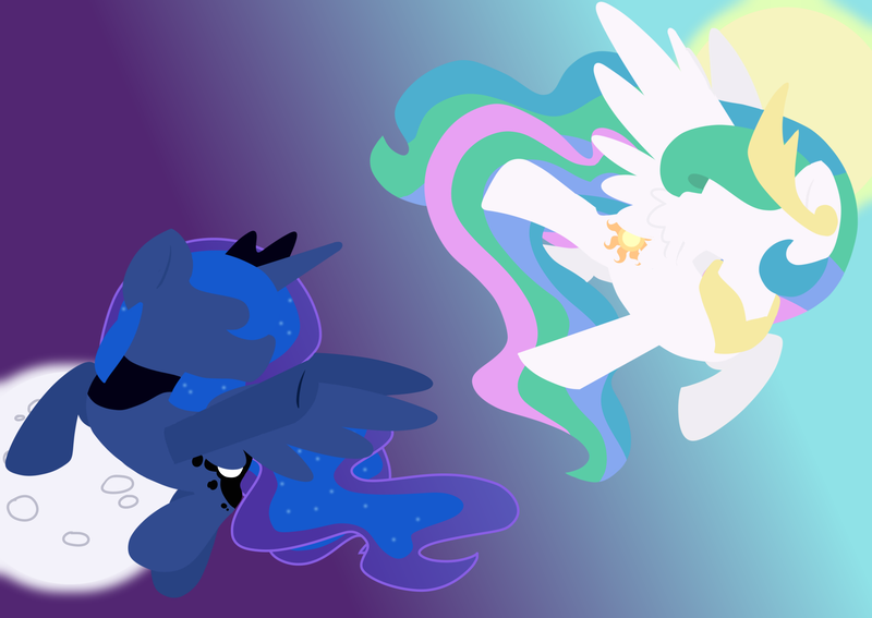 Size: 2750x1950 | Tagged: artist:ashleigharts, derpibooru import, duo, flat colors, gradient background, looking at each other, moon, princess celestia, princess luna, safe, sun, wallpaper