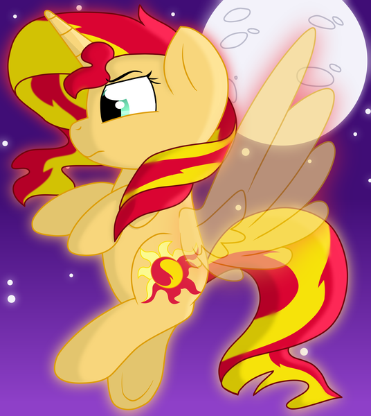 Size: 2190x2450 | Tagged: safe, artist:ashleigharts, derpibooru import, sunset shimmer, alicorn, pony, alicornified, female, flying, full moon, mare, moon, race swap, shimmercorn, solo, transparent wings