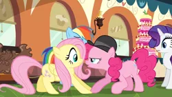 Size: 1280x720 | Tagged: safe, derpibooru import, screencap, fluttershy, pinkie pie, rainbow dash, rarity, pony, mmmystery on the friendship express, cake, food, hat, marzipan mascarpone meringue madness, mousse moose