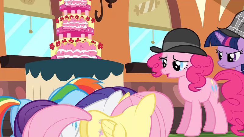 Size: 1280x720 | Tagged: safe, derpibooru import, screencap, fluttershy, pinkie pie, rainbow dash, rarity, twilight sparkle, earth pony, pegasus, pony, unicorn, mmmystery on the friendship express, bowler hat, cake, female, food, hat, mare, marzipan mascarpone meringue madness