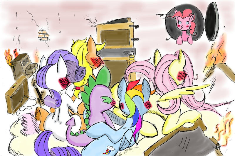 Size: 2000x1329 | Tagged: questionable, artist:bylisboa, derpibooru import, edit, applejack, fluttershy, pinkie pie, rainbow dash, rarity, spike, dragon, blushing, caught, colored, door, female, fivesome, flutterspike, foalcon, group sex, lesbian, male, orgy, rainbowspike, rarijack, sex, shipping, softcore, sparity, spike gets all the mares, straight