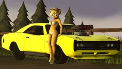 Size: 1600x900 | Tagged: 3d, anthro, applejack, artist:vinuldash, bikini, breasts, car, clothes, derpibooru import, female, grand theft auto, gta v, high heels, imponte dukes, plantigrade anthro, solo, solo female, suggestive, swimsuit