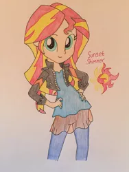 Size: 1024x1365 | Tagged: safe, artist:infernapelover, derpibooru import, sunset shimmer, equestria girls, clothes, hand on hip, pants, solo, traditional art