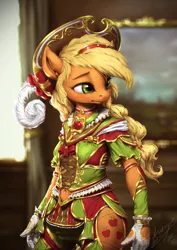 Size: 850x1200 | Tagged: anthro, applejack, artist:assasinmonkey, beautiful, belly button, choker, clothes, costume porn, cute, derpibooru import, detailed, dress, feather, feather hat, female, freckles, gloves, hat, jackabetes, navel cutout, safe, side slit, solo, technical advanced
