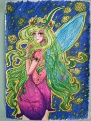 Size: 3120x4160 | Tagged: absurd resolution, artist:szabobali, bare shoulders, changedling, changeling, clothes, derpibooru import, drawing, dress, fairy, flower, flower in hair, horned humanization, human, humanized, purified chrysalis, queen chrysalis, reformed, reformed villain, safe, solo, to where and back again, traditional art, wings