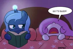 Size: 1000x667 | Tagged: 30 minute art challenge, annoyed, artist:empyu, bed, blanket, book, cewestia, cute, derpibooru import, dialogue, female, filly, filly celestia, filly luna, glowing horn, lidded eyes, looking sideways, magic, nightlight, on back, open mouth, pillow, pink-mane celestia, princess celestia, princess luna, reading, safe, sleeping, woona, younger