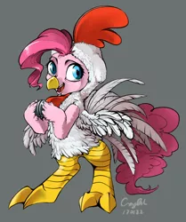 Size: 988x1183 | Tagged: safe, artist:chaguala, derpibooru import, pinkie pie, pony, animal costume, bipedal, chicken pie, chicken suit, chinese new year, chinese zodiac, clothes, costume, simple background, solo