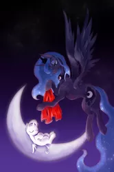 Size: 664x1000 | Tagged: artist:kolshica, blanket, crescent moon, derpibooru import, hijo de la luna, maternaluna, moon, oc, oc:crescent, princess luna, safe, tangible heavenly object