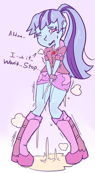 Size: 917x1673 | Tagged: questionable, artist:lawrence alpaca, derpibooru import, sonata dusk, equestria girls, accident, covering crotch, female, need to pee, omorashi, pissing, pissing on self, ponytail, potty time, solo, urine, wetting