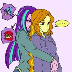 Size: 1000x1000 | Tagged: safe, artist:raika0306, derpibooru import, adagio dazzle, aria blaze, sonata dusk, sunset shimmer, equestria girls, rainbow rocks, ..., adaria, blushing, clothes, crying, eyes closed, female, from behind, hoodie, hug, jealous, lesbian, long hair, loose hair, open mouth, possessive, shipping, simple background, sweater, the dazzlings