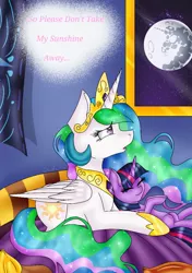 Size: 719x1024 | Tagged: artist:fireheartsk, derpibooru import, mare in the moon, moon, princess celestia, sad, safe, solo, song, you are my sunshine