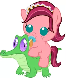 Size: 816x967 | Tagged: safe, artist:red4567, derpibooru import, gloriosa daisy, gummy, ponified, pony, equestria girls, legend of everfree, baby, baby pony, cute, daisybetes, equestria girls ponified, pacifier, ponies riding gators, riding, weapons-grade cute