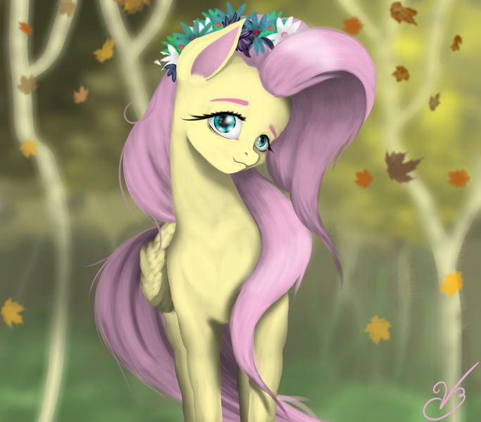 Size: 2230x1960 | Tagged: artist:vinicius040598, autumn, derpibooru import, floral head wreath, flower, fluttershy, leaves, safe, solo