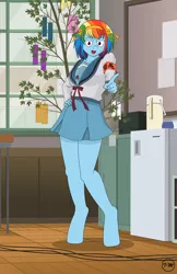 Size: 3300x5100 | Tagged: absurd resolution, anime, anthro, artist:toxic-mario, clothes, crossover, cute, derpibooru import, hairband, indoors, legs, looking at you, melancholy of haruhi suzumiya, open mouth, rainbow dash, safe, school uniform, skirt, solo, suzumiya haruhi, unguligrade anthro