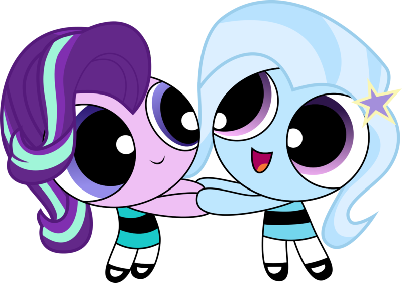 Size: 1421x1000 | Tagged: safe, artist:phucknuckl, derpibooru import, starlight glimmer, trixie, pony, unicorn, crossover, duo, female, holding hands, looking at each other, mare, open mouth, powerpuffified, simple background, smiling, the powerpuff girls, transparent background, vector