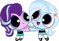 Size: 1421x1000 | Tagged: safe, artist:phucknuckl, derpibooru import, starlight glimmer, trixie, pony, unicorn, crossover, duo, female, holding hands, looking at each other, mare, open mouth, powerpuffified, simple background, smiling, the powerpuff girls, transparent background, vector