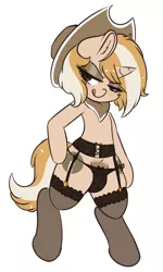 Size: 1152x1920 | Tagged: suggestive, artist:wickedsilly, derpibooru import, oc, oc:creamy delight, unofficial characters only, pony, unicorn, bandana, bedroom eyes, bipedal, clothes, cowboy hat, crotch bulge, ear fluff, eyeshadow, freckles, futa, garter belt, garters, hat, herm, intersex, makeup, panties, simple background, socks, solo, solo futa, stetson, stockings, thigh highs, tongue out, underwear, white background