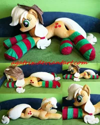 Size: 1264x1584 | Tagged: applejack, artist:agatrix, clothes, derpibooru import, irl, life size, photo, plushie, prone, safe, socks, solo, striped socks