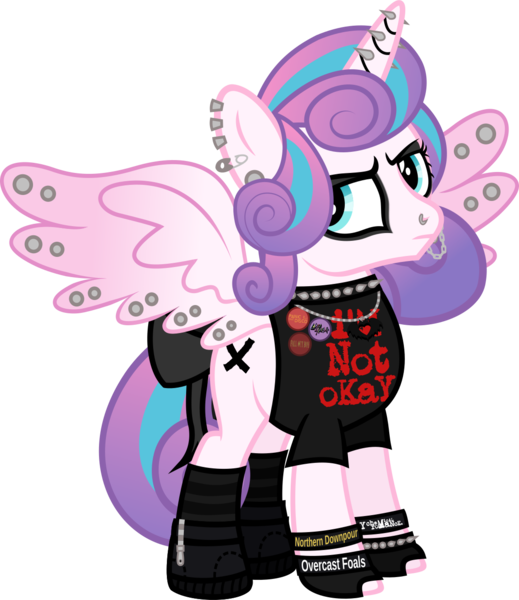 Size: 1208x1395 | Tagged: safe, artist:lightningbolt, derpibooru import, princess flurry heart, alicorn, pony, .svg available, annoyed, boots, bow, bracelet, button, chains, choker, clandestine industries, clothes, cobra starship, ear piercing, earring, edgy, emo, eyeshadow, fake cutie mark, fall out boy, female, fingerless gloves, frown, glare, gloves, grumpy, hair over one eye, horn piercing, indifferent, it's a phase, jewelry, lip piercing, looking at you, makeup, my chemical romance, necklace, nose piercing, older, ow the edge, paint on fur, painted horn, panic! at the disco, piercing, princess emo heart, punk, rebellious teen, reference, ribbon, safety pin, shirt, shoes, simple background, socks, solo, spiked choker, spiked wristband, spread wings, striped socks, svg, tail bow, teenage flurry heart, teenager, transparent background, vector, wall of tags, wing piercing, wristband, zipper