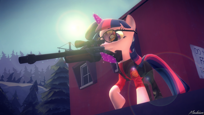 Size: 1024x576 | Tagged: safe, derpibooru import, twilight sparkle, pony, unicorn, 3d, female, glasses, glowing horn, gun, hooves, horn, levitation, magic, mare, optical sight, parody, rifle, sniper, sniper rifle, solo, source filmmaker, sun, sunglasses, team fortress 2, telekinesis, tree, twilight sniper, weapon, window