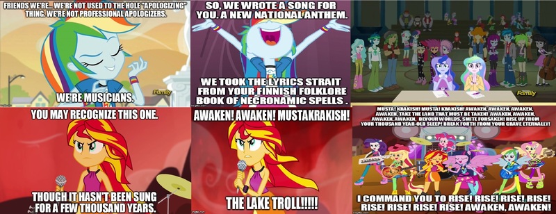 Size: 2596x1000 | Tagged: safe, derpibooru import, screencap, apple bloom, applejack, bon bon, diamond tiara, fluttershy, lyra heartstrings, octavia melody, pinkie pie, princess celestia, princess luna, rainbow dash, rarity, scootaloo, silver spoon, sunset shimmer, sweetie belle, twilight sparkle, vice principal luna, vinyl scratch, equestria girls, rainbow rocks, humane five, humane seven, humane six, image macro, meme, metalocalypse, misspelling, principal celestia, screencap comic, wat