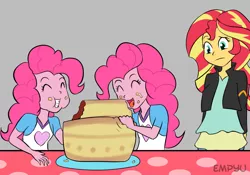 Size: 1000x700 | Tagged: safe, artist:empyu, derpibooru import, pinkie pie, sunset shimmer, equestria girls, cake, clothes, cute, diapinkes, duality, eating, eyes closed, female, food, jacket, open mouth, raised eyebrow, self paradox, simple background, smiling, table, trio, trio female