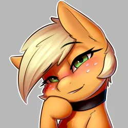 Size: 1800x1800 | Tagged: safe, artist:captainpudgemuffin, derpibooru import, applejack, pony, alternate hairstyle, blushing, bust, captainpudgemuffin is trying to murder us, choker, collar, cute, female, fluffy, freckles, gray background, grin, head tilt, jackabetes, leaning, lidded eyes, looking at you, mare, pixie cut, portrait, short hair, simple background, smiling, solo