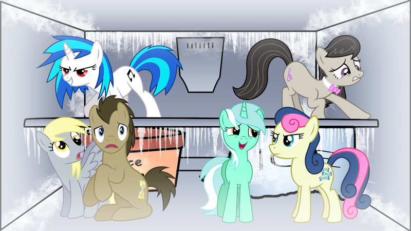 Size: 1366x768 | Tagged: safe, artist:birthofthepheonix, artist:floppychiptunes, artist:fureox, artist:ryuuichi-shasame, artist:shelmo69, artist:silvervectors, derpibooru import, bon bon, derpy hooves, doctor whooves, lyra heartstrings, octavia melody, sweetie drops, time turner, vinyl scratch, earth pony, pegasus, pony, unicorn, background six, bowtie, cutie mark, female, freezer, hooves, horn, male, mare, open mouth, sitting, smiling, spread wings, stallion, teeth, vector, wallpaper, wat, wings, worried