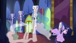 Size: 1280x720 | Tagged: safe, derpibooru import, edit, edited screencap, screencap, princess celestia, twilight sparkle, twilight sparkle (alicorn), alicorn, ghost, pony, dead, glow, hallway, looking back, paint.net, sad, spirit, spiritlestia, transparent, twilight's castle, vector