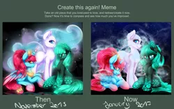 Size: 2560x1600 | Tagged: safe, artist:thetarkaana, derpibooru import, oc, oc:empress lace, unofficial characters only, alicorn, pony, alicorn oc, comparison, draw this again, sitting, smiling, stars