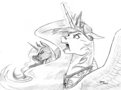 Size: 1500x1122 | Tagged: safe, artist:baron engel, derpibooru import, princess celestia, princess luna, floppy ears, frown, glare, glowing horn, grayscale, magic, monochrome, open mouth, pencil drawing, simple background, spread wings, story included, traditional art