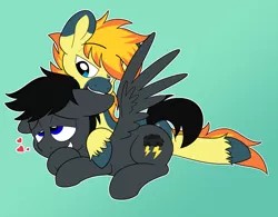 Size: 1200x938 | Tagged: safe, artist:sweetfilthyfun, derpibooru import, oc, oc:lightning chaser, oc:yaktan, unofficial characters only, pegasus, pony, cuddling, ear bite, gay, heart, male, oc x oc, shipping, snuggling, spread wings, unshorn fetlocks, wingboner