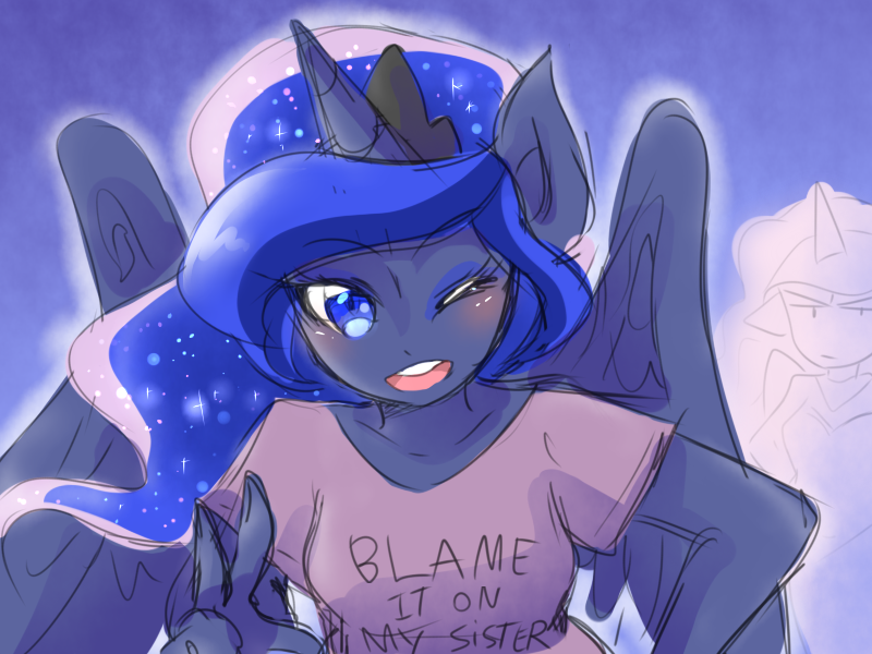 Size: 800x600 | Tagged: alicorn, annoyed, anthro, artist:thegreatrouge, blame my sister, clothes, derpibooru import, female, looking at you, one eye closed, open mouth, princess celestia, princess luna, royal sisters, safe, solo, wink