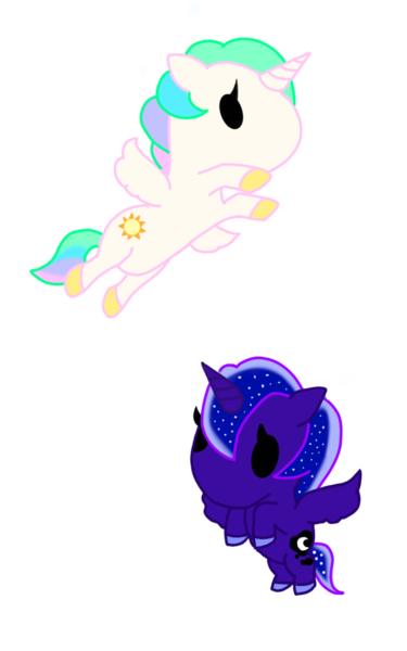 Size: 800x1280 | Tagged: safe, artist:rottenbabe, derpibooru import, princess celestia, princess luna, alicorn, pony, chibi, female, flight, mare, simple background, tokidoki, transparent background