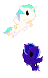 Size: 800x1280 | Tagged: safe, artist:rottenbabe, derpibooru import, princess celestia, princess luna, alicorn, pony, chibi, female, flight, mare, simple background, tokidoki, transparent background