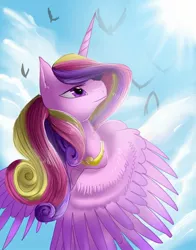 Size: 1188x1518 | Tagged: artist:nuttypanutdy, artist:nutty-stardragon, bird, derpibooru import, flying, princess cadance, safe, sky, solo, solo focus, sun