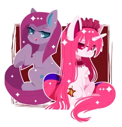 Size: 1970x2048 | Tagged: safe, artist:snow angel, derpibooru import, pinkie pie, oc, pony, unicorn, duo, duo female, female, mare, open mouth, pinkamena diane pie, raised hoof, simple background, smiling, transparent background