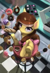 Size: 583x855 | Tagged: safe, artist:bakuel, derpibooru import, oc, oc:apple twist, unofficial characters only, pony, unicorn, box, cute, donut, female, food, kitchen, levitation, magic, mare, muffin, napkin, sitting, snack, solo, telekinesis, tray