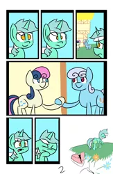 Size: 6742x10342 | Tagged: safe, artist:provolonepone, derpibooru import, bon bon, linky, lyra heartstrings, shoeshine, sweetie drops, pony, comic:lyra's verse, absurd resolution, bonshine, chocolate, comic, female, flower, food, lesbian, lyrabon, ponyville, sad, shipping