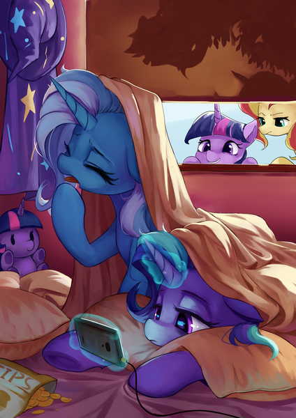 Size: 3507x4960 | Tagged: safe, artist:luciferamon, derpibooru import, starlight glimmer, sunset shimmer, trixie, twilight sparkle, twilight sparkle (alicorn), alicorn, pony, unicorn, absurd resolution, bed, bed mane, bedsheets, blanket, chips, clothes, cute, diatrixes, eyes closed, female, floppy ears, food, frown, glowing horn, grin, implied rainbow dash, levitation, lidded eyes, magic, mare, mobile phone, morning, morning ponies, phone, pillow, plushie, potato chips, prone, shadow, silhouette, smartphone, smiling, squee, telekinesis, tongue out, trixie's cape, trixie's hat, trixie's wagon, unamused, underhoof, voyeur, voyeurism, window, yawn