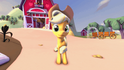 Size: 600x338 | Tagged: safe, artist:mlpfimguy, derpibooru import, applejack, earth pony, pony, 3d, animated, butt shake, butt swing, farm, get down, gif, looking at you, plot, solo, staring into your soul, sweet apple acres, wat