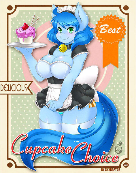 Size: 800x1018 | Tagged: suggestive, artist:skyraptor, derpibooru import, oc, oc:cupcake choice, unofficial characters only, anthro, earth pony, adorasexy, anthro oc, big breasts, blushing, breasts, cleavage, clothes, commission, cupcake, cute, female, food, looking at you, maid, sexy, smiling, solo, solo female, underwear, waitress