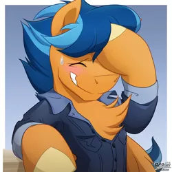 Size: 844x844 | Tagged: safe, artist:bcpony, derpibooru import, oc, oc:lightning rider, unofficial characters only, pegasus, pony, blushing, chest fluff, clothes, polo shirt, smiling, solo