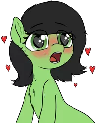 Size: 1017x1287 | Tagged: suggestive, artist:smoldix, derpibooru import, oc, oc:anonfilly, unofficial characters only, earth pony, pony, blank stare, blushing, blushing profusely, chest fluff, ear fluff, female, filly, heart, heart eyes, open mouth, simple background, solo, sweat, sweatdrop, transparent background, wingding eyes