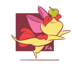 Size: 2949x2432 | Tagged: apple, apple bloom, artist:fluttershythekind, balancing, derpibooru import, food, nose in the air, pointy ponies, ponies balancing stuff on their nose, safe, simple background, smiling, solo