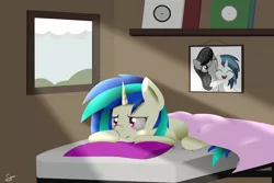 Size: 3000x2000 | Tagged: safe, artist:chikiz65, derpibooru import, octavia melody, vinyl scratch, pony, unicorn, bed, blanket, full body, picture, pillow, room, sun, thinking, window