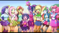 Size: 2800x1600 | Tagged: safe, artist:the-butch-x, derpibooru import, applejack, fluttershy, pinkie pie, rainbow dash, rarity, sci-twi, spike, spike the regular dog, sunset shimmer, twilight sparkle, oc, oc:cassey, dog, equestria girls, boots, bracelet, breasts, cleavage, clothes, compression shorts, cowboy boots, cowboy hat, cute, denim skirt, equestria girls-ified, female, glasses, hat, high heel boots, humane five, open mouth, ponytail, shorts, signature, skirt, socks, stetson, welcome